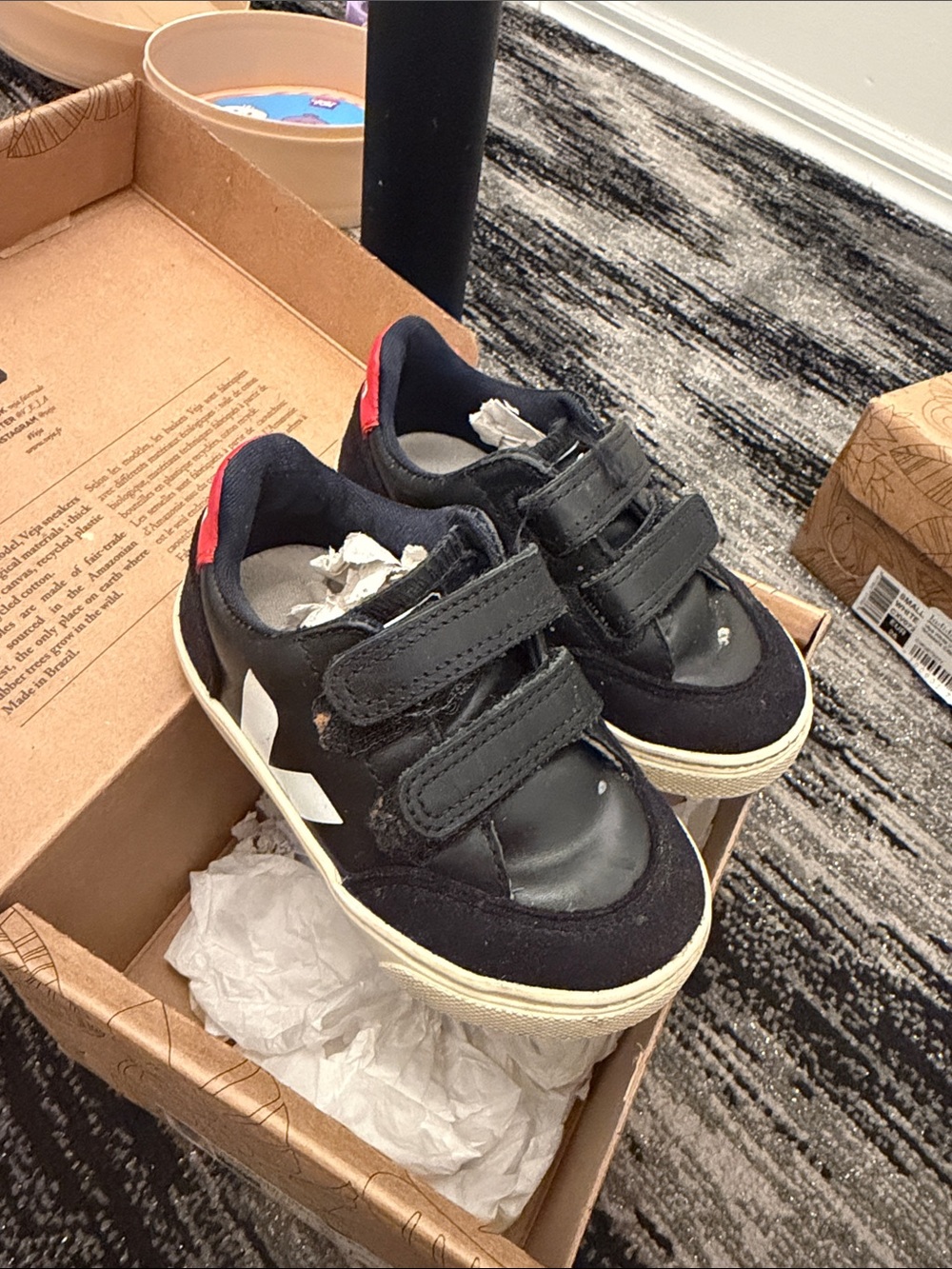 Veja Kids Black Sneakers with White Star and Red Heel Tab